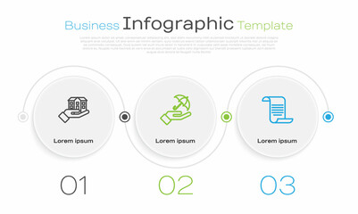 Set line House in hand, Umbrella and Document with shield. Business infographic template. Vector