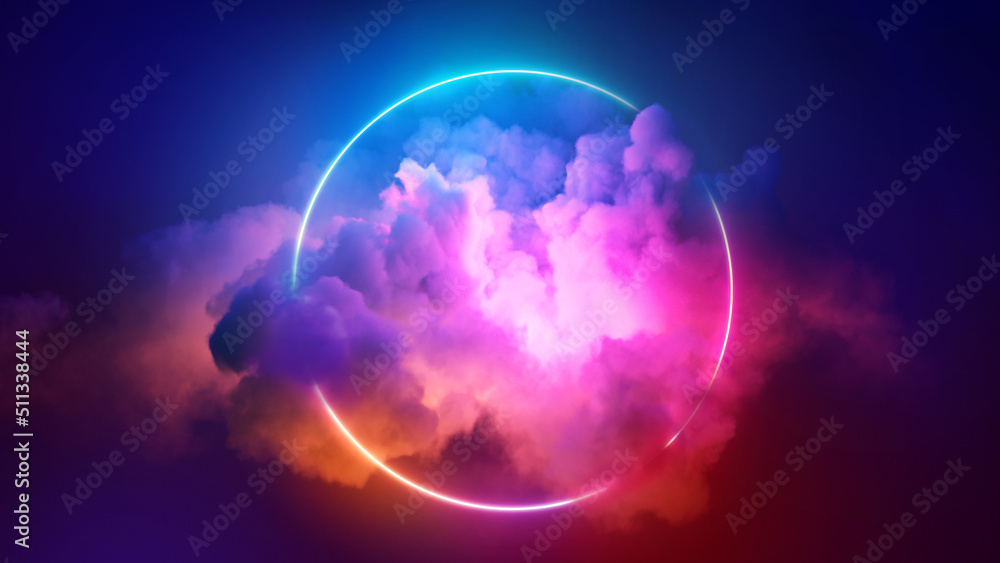 Wall mural 3d render, colorful neon ring glowing inside the stormy cloud on the dark sky, abstract background