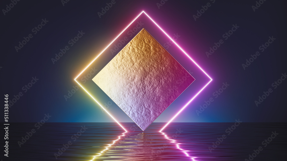 Poster 3d render, abstract background with neon rhombus frame and blank square rock tile standing in the wa