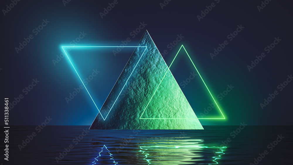 Aufkleber 3d render, abstract minimal blue green background with neon triangular geometric shapes. triangle le