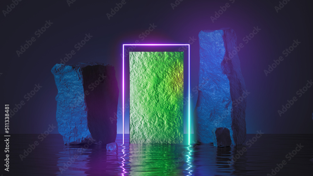 Aufkleber 3d render, abstract background with neon rectangular frame and rocks cobble stone ruins standing in 