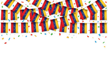 Venezuela flags garland white background with confetti, Hanging bunting for Independence Day celebration template banner, Vector illustration