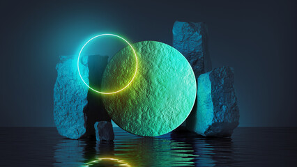 3d render, abstract blue green background with neon ring, round disk, rocks, cobble stone ruins and water reflection. Futuristic showcase scene for product presentation