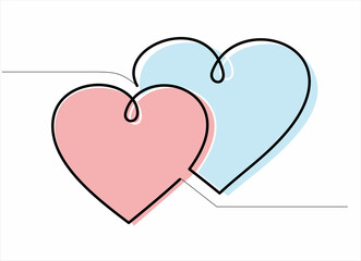 Two hearts from one black line. Picture for decoration of festive illustrations for the holiday of all lovers.