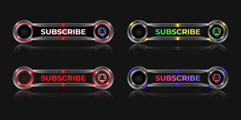 Subscribe 3d realistic metallic banner template with neon glow play button and bell icon