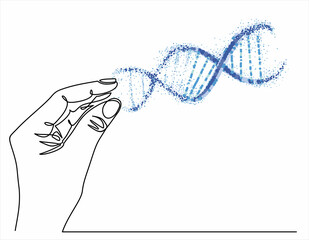 One continuous line drawing of hand holding DNA. vector illustration