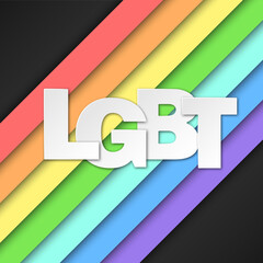 LGBT paper cut template. White volumetric letters and rainbow flag on black background. Best for polygraphy, print, posters, cards and web design. Editable vector illustration.