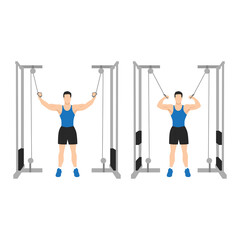 Fototapeta na wymiar Man doing Standing high pulley cable curl. flat vector illustration isolated on different layers. Workout character
