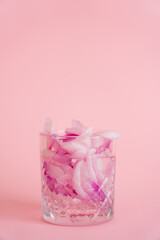 crystal glass with natural floral petals and tonic on pink background.