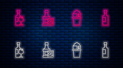 Set line Whiskey bottle and glass, Glass of beer, Wine with and . Glowing neon icon on brick wall. Vector