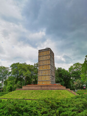 Monument to Taras Shevchenko protected from the bombing in Shevchenko Park in war time in Kyiv,...