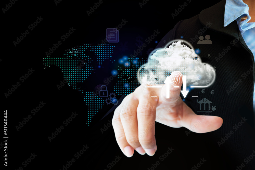 Poster cloud computing diagram show on hand. cloud technology. networking and internet service concept.