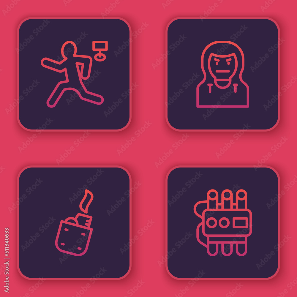 Poster set line murder, lighter, thief mask and dynamite and timer clock. blue square button. vector