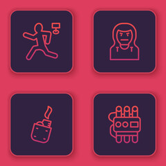 Set line Murder, Lighter, Thief mask and Dynamite and timer clock. Blue square button. Vector