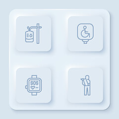 Set line IV bag, Disabled wheelchair, Smart watch and Human broken arm. White square button. Vector