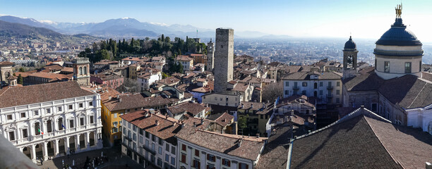 Extra wide aerial  view of Bergamo Alta from the Tower of Campanone