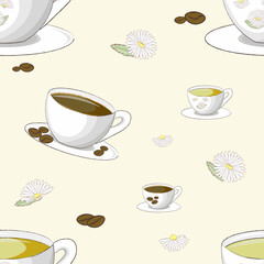 pattern with mugs of coffee and tea