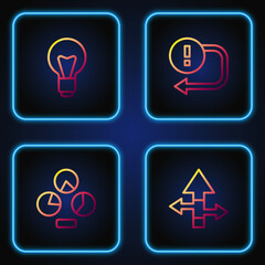 Set line Arrow, Pie chart infographic, Light bulb and . Gradient color icons. Vector