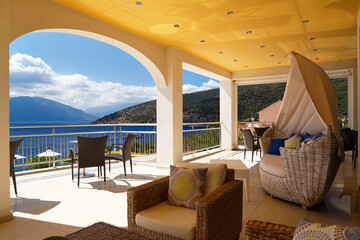 Morning at greek island. Beautiful view at Agia Efimia bay from a hotel, villa balcony, Cephalonia...
