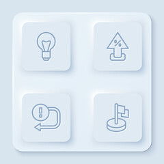 Set line Light bulb, Percent up arrow, Arrow and Flag. White square button. Vector