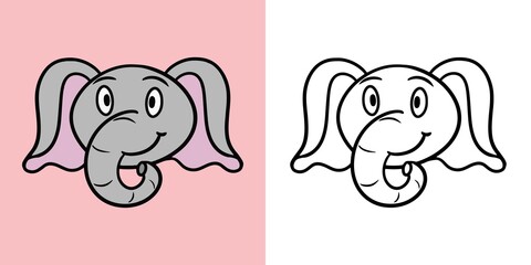 Horizontal set of illustrations for coloring books, Cute little elephants smiling, vector in cartoon style