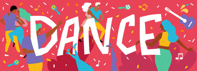 banner about dancing. Dancers dance Latin dances. Men and women at salsa and bachata competitions