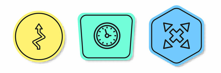 Set line Arrow, Clock and Many ways directional arrow. Colored shapes. Vector