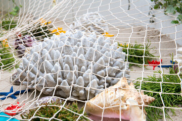 Fishing nets, floats, corals and shells on the sandy shore.