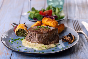 closeup of a steak on a plate