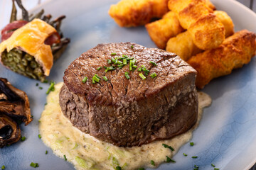 closeup of a steak on a plate