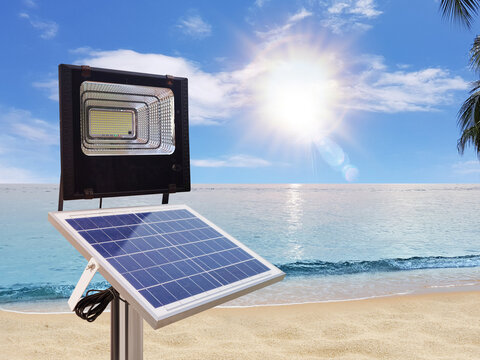 Photovoltaic Spotlights Use Solar Energy. By The Sea Beach Pure Energy Concept