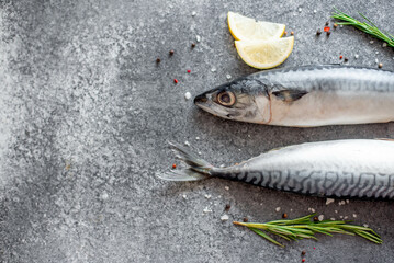 raw mackerel on stone background with copy space for your text