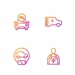 Set line Car mechanic, Electric car, Eco and . Gradient color icons. Vector