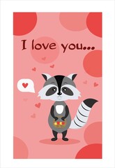 Love story card. Cute raccoon with a basket conveys a message of feeling. Vector illustration in flat style.