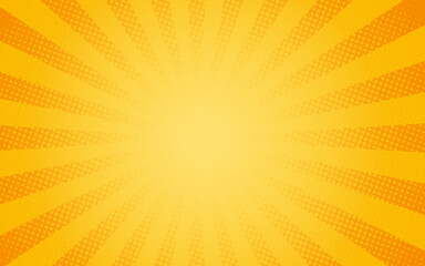Sun rays Retro vintage style on yellow and orange background, Comic pattern with starburst and halftone. Cartoon retro sunburst effect with dots. Rays. Summer Banner Vector illustration - obrazy, fototapety, plakaty