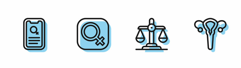 Set line Gender equality, Dating app, Female gender and reproductive system icon. Vector