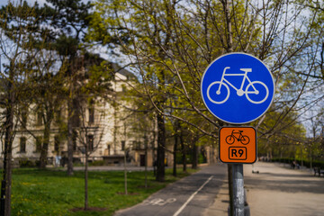 Signboard on blurred empty urban street in Wroclaw