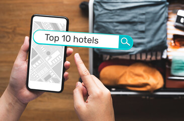 Searching or finding top hotels.travel or management vacation trip