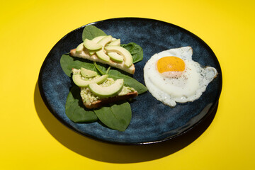 Breakfast dish of scrambled eggs and sandwiches with avocado and spinach on a blue plate. Yellow background minimalism.