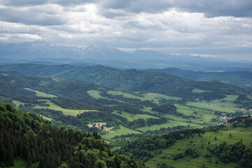 Panoramic view on Pieniny Mountains range and High Tatras from Palenica in Szczawnica, Poland
