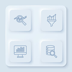 Set line Search data analysis, Sales funnel with chart, Monitor graph and Server. White square button. Vector