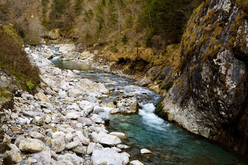 Colere, Province of Bergamo - 01 03 2022: The Via Mala opens its way into the mountain coast in a landscape of harsh shapes, between gorges and ravines dating back to the last glaciation.