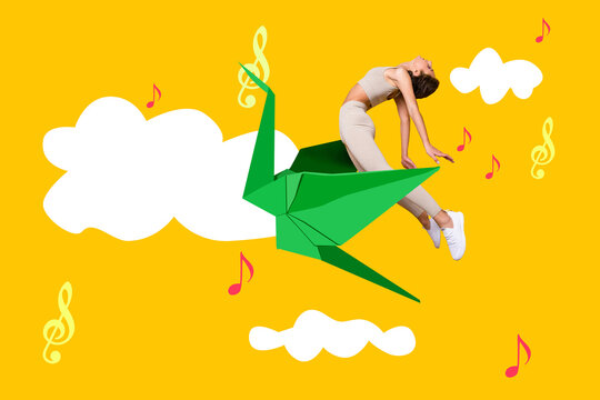 Full body collage photo of pretty girl feel free flying in air around clouds sitting on paper crane isolated on yellow background