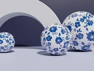 3D Rendering Asian, Chinese, Japanese or Korean Style Porcelain Product Display Background. Shiny  for Festive Food, Beverage and Beauty Products.