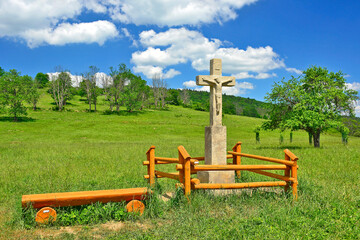Wayside old stone cross of Nieznajowa, Low Beskids (Beskid Niski), Poland. - obrazy, fototapety, plakaty