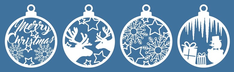 Christmas tree decorations set. Silhouette of Christmas round toys. Balls with snowflakes, deer, stars, icicles and a snowman. Template for laser cutting. Isolated vector illustration.