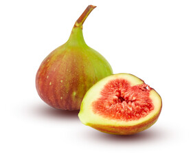 Fig green. Cut in half and whole fig. Green-red fruit isolated on a white background.