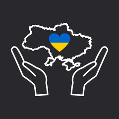 Map of Ukraine with a heart in the hands of people defending their native country from the aggressor. The Peace to Ukraine poster is drawn with a white outline on a black background. 