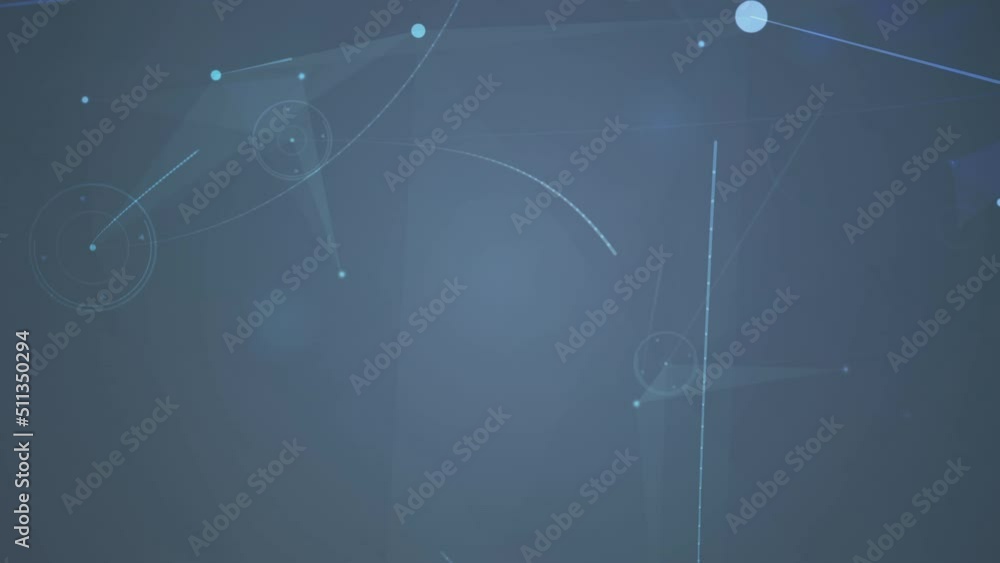 Poster digital animation of network of connections floating and spot of light against blue background
