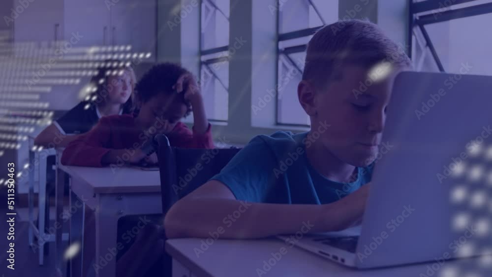 Poster animation of data processing and world map over caucasian boy using laptop at school
